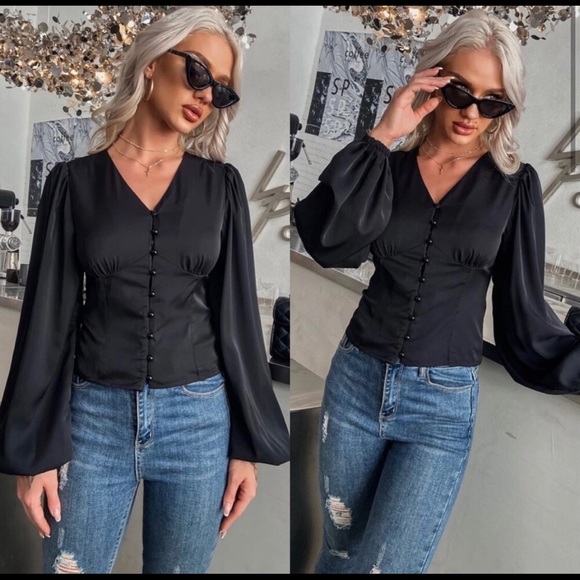 Rust V neck button down balloon sleeve blouse - Picture 5 of 9